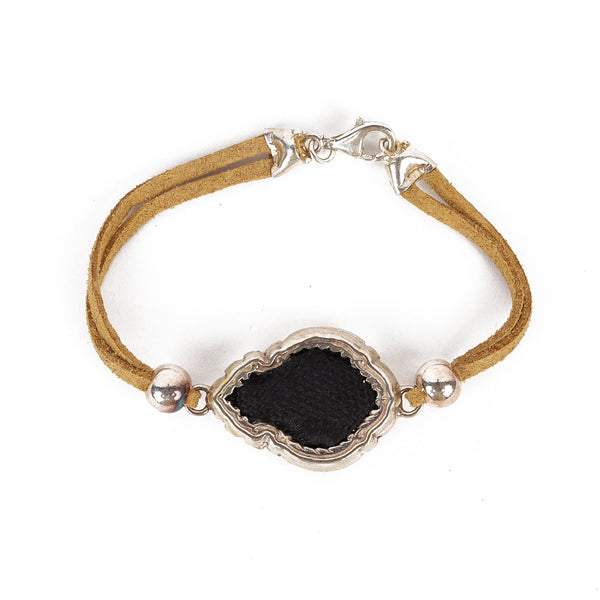 Beige Leather Bracelet with Black Kiswa and Silver Pendant