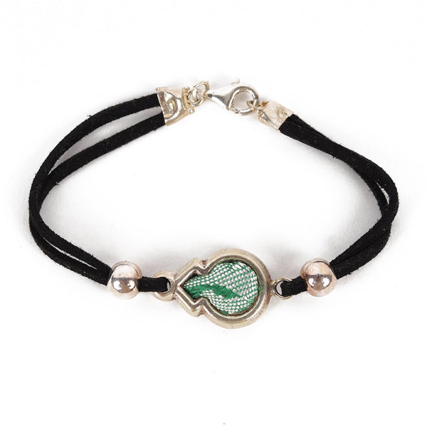 Black Leather Bracelet with Black Kiswa and Silver Pendant